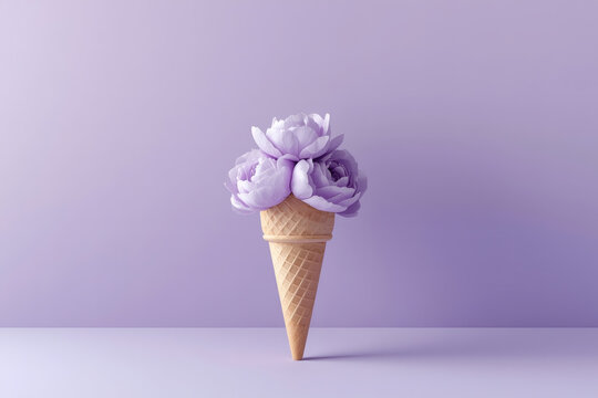 Minimalistic studio photography. A waffle cone. Filled with delicate pastel colors resembling peonies or roses, with multilayered petals in soft lilac and blue hues on a purple background. - Powered by Adobe