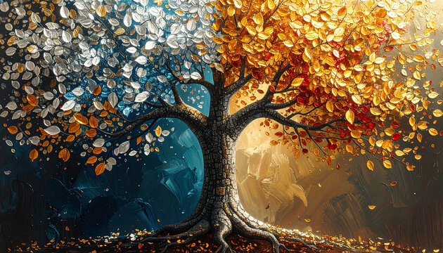 Majestic Golden Tree of Wisdom in Fantasy Forest with Shimmering Binary Leaves and Magic Glow