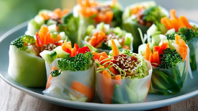Fresh spring rolls on a blue plate with vegetables like broccoli, carrots, and cucumbers, topped with sauce in a bright kitchen setting during daylight