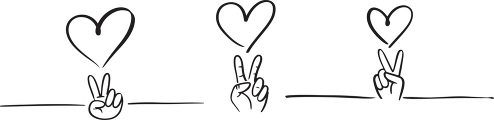 Obraz premium Doodle hand peace victory love fingers line art drawing element silhouette gesture sign