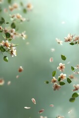 A fresh spring landscape with pink flowers and fluttering leaves on a green background.