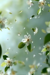 A fresh spring landscape with white flowers and fluttering leaves on a green background.