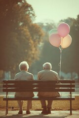 Elderly Couple Sitting on Park Bench with Balloons, Love and Happy Senior Life