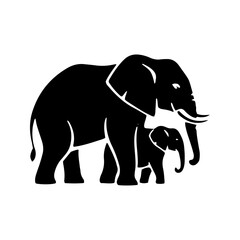 Fototapeta premium A walking gray elephant silhouette and baby animal illustration with a large trunk and tusk isolated on white for wildlife safari nature design