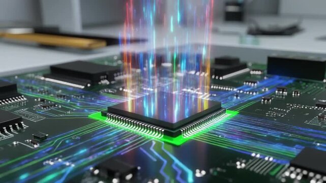 A close-up of a computer chip with vibrant, neon-colored lights emanating from it, on a circuit board in an office setting with blurred background