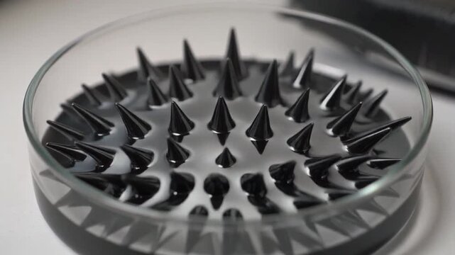 A close-up of black plastic spikes in a round glass dish on a white surface with a blurred background