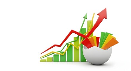 A vibrant 3d graph with a red arrow and colorful bars emerging from a white bowl on a clean white background showing growth and statistics