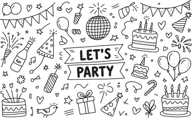 Obraz premium Let's party doodles with birthday elements for celebration and festive occasion