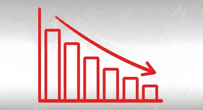 A declining trend graph showing a significant decrease in values over time with a red arrow and bars on a grey background
