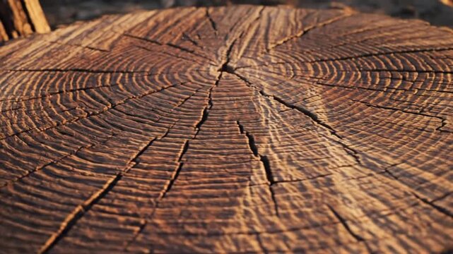 Tree Stump Rings Close-up, Cracked Wood Texture Background, Rustic Nature Abstract