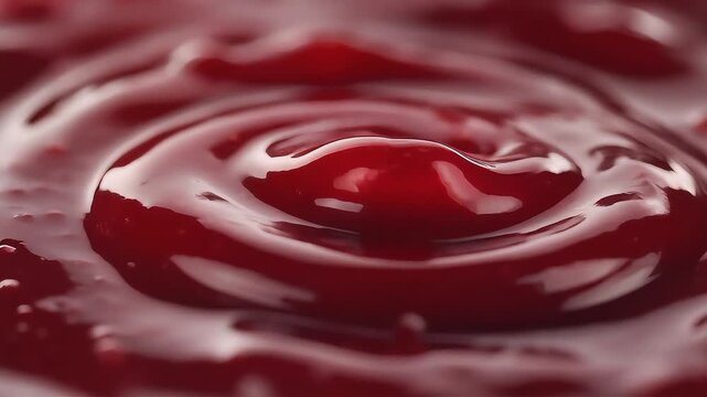Macro close-up of smooth fruit jam surface with slow viscous organic motion and glossy texture, ultra-realistic food background for dessert branding, packaging, and advertising.
