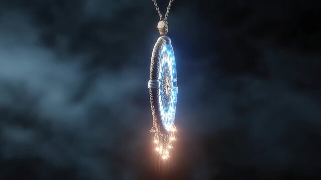 Dream catcher with blue lights and hanging beads placed against a dark cloudy background