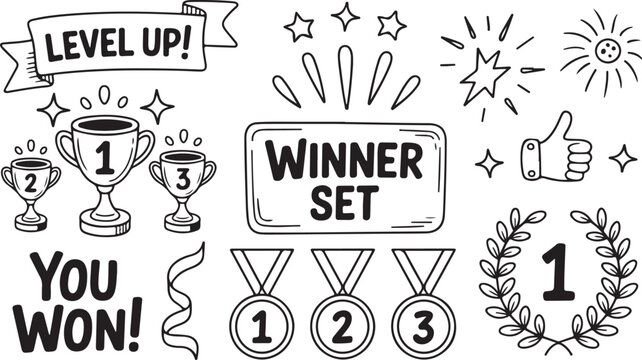 Winner set collection, level up element, champion and prize symbol, award doodle item