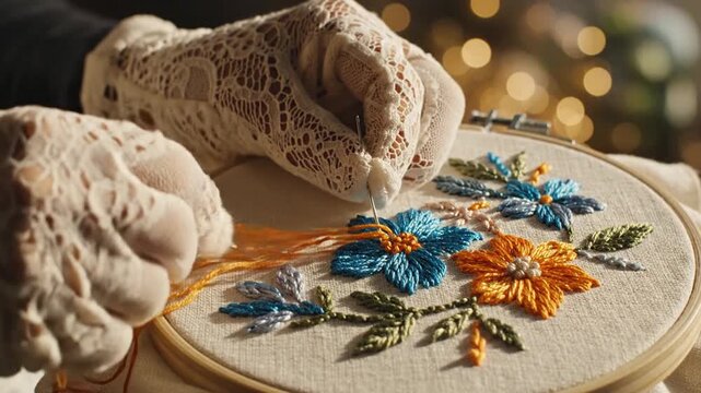 Close-up of hands embroidering colorful flowers on fabric with hoop, indoors with bokeh lights