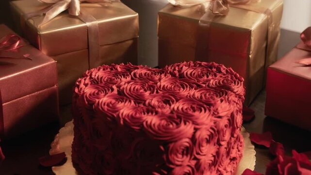 Heart-shaped red cake surrounded by gift boxes and rose petals on a table