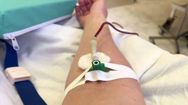 Donor's arm undergoing plasmapheresis procedure with needle and tubing