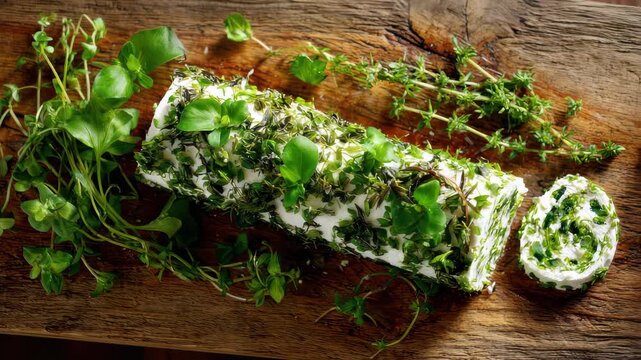 Fresh herbs and cream cheese rolled together on a wooden board with green leaves placed around the dish at a kitchen setting