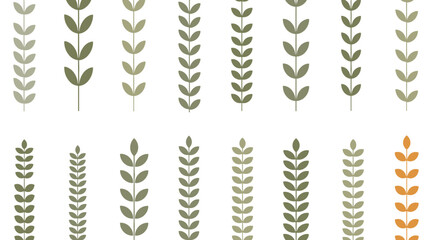 Minimalist pattern of leaf branches in shades of green with a single contrasting orange branch standing out from the rest.