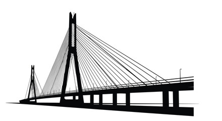 Obraz premium Strong black silhouette of a modern cable-stayed bridge featuring tall pylons and support cables against a clear white background.
