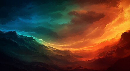 vibrant colorful mountain range landscape with dramatic sky
