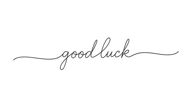 Elegant continuous line drawing of the phrase good luck written in a stylish minimalist cursive font on a plain white background.