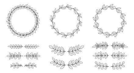 Obraz premium Assorted collection of hand-drawn floral wreaths and delicate leafy dividers in a vintage black and white sketch style.