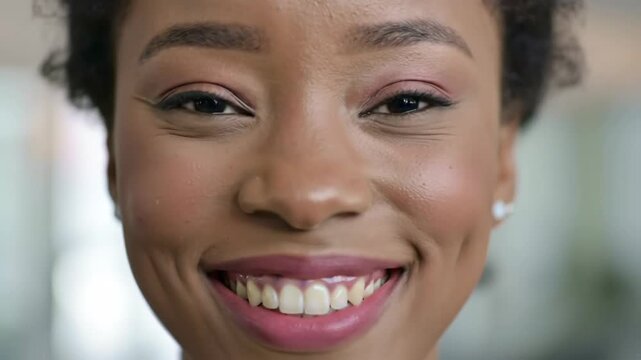 Close-up of smiling African American woman touching her face, skincare, beauty.