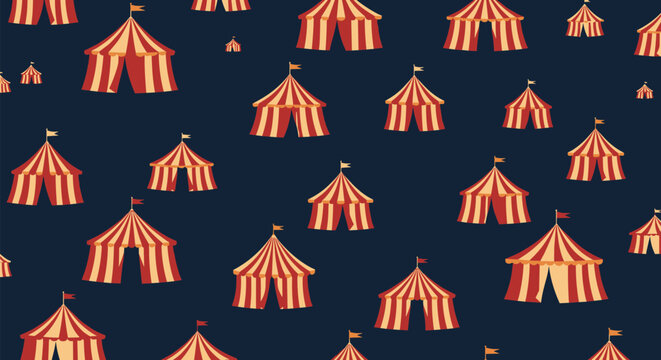 Festive seamless pattern showcasing numerous red and yellow striped circus tents scattered over a dark blue night background.