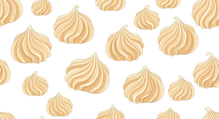 Fototapeta premium Seamless pattern of creamy beige meringue cookies with distinct swirls scattered across a clean white background in a flat style.