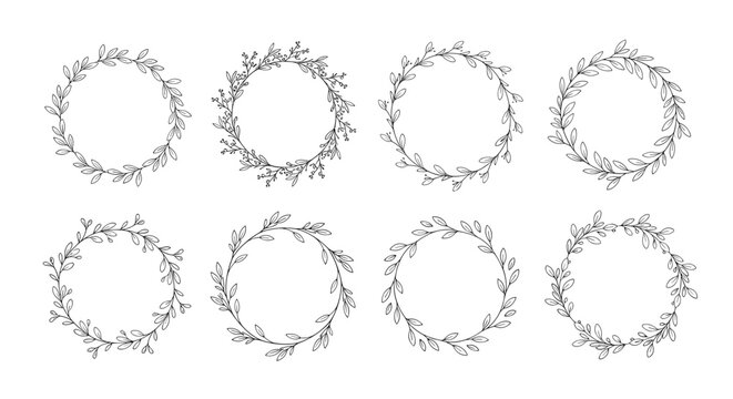 Collection of eight diverse circular leaf wreaths rendered in detailed black line art sketches for various decorative design uses.