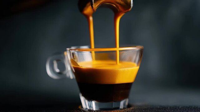 Espresso brewing process captured in a small glass cup during morning routine in a kitchen setting