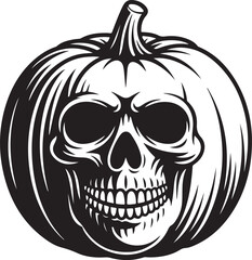 Pumpkin carved with human skull face for halloween celebration decoration vintage illustration