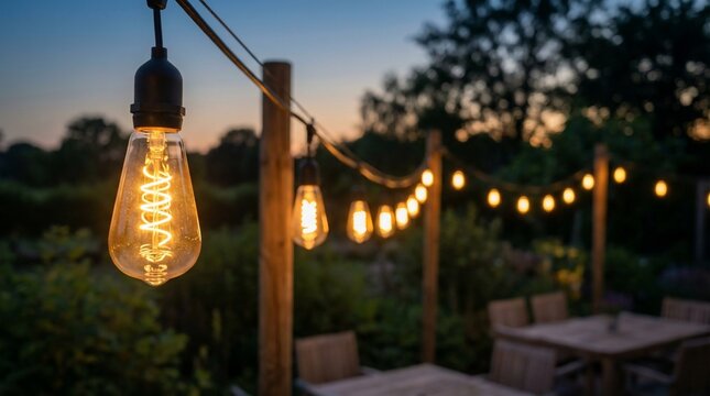 Warm Glow of String Lights Illuminating an Outdoor Patio at Dusk.