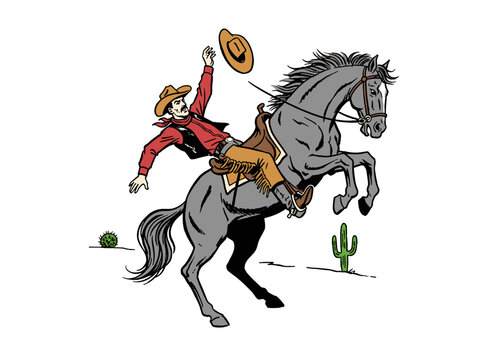 Cowboy riding bucking horse illustration. Wild west rodeo art design. Retro comic style design. Great for t shirt print, poster, sticker, background a