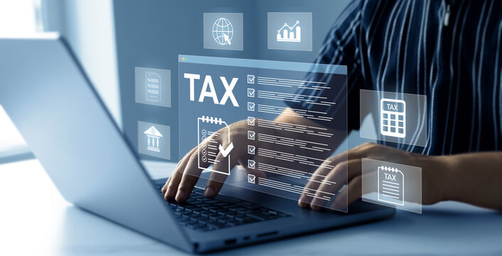 Tax calculation and financial accounting concept. Online taxes, VAT, income, budget planning and digital finance management.