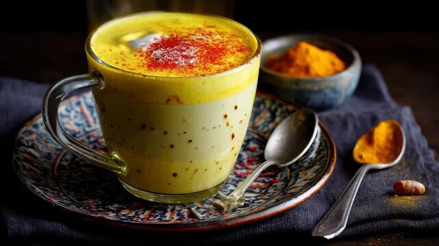 Warm drink made with turmeric, served in a clear cup on a decorative plate beside spices and spoons during an indoor setting