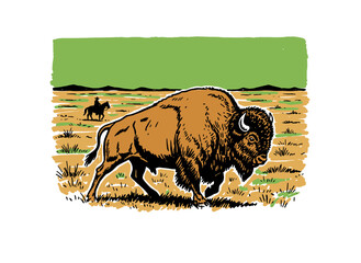 American Bison Buffalo artwork. Wild west cowboy prairie graphic. Vintage ranch nature illustration print. T shirt print poster sticker background. © panji