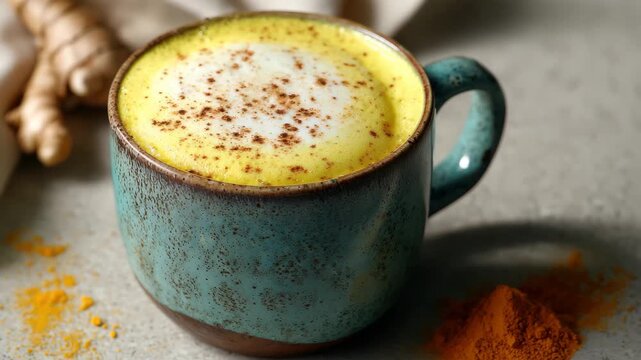 Golden latte served in blue mug placed on gray countertop with turmeric and ginger on the side during morning coffee time
