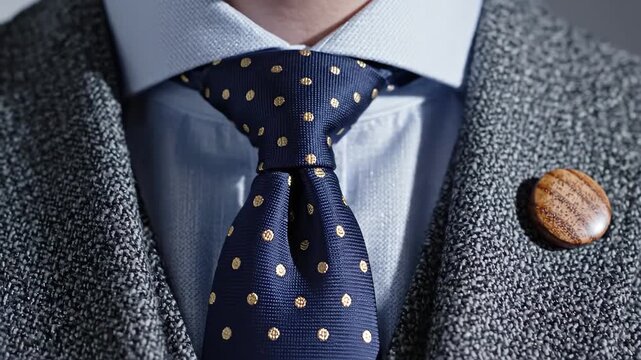 Closeup of a mans formal attire featuring a navy blue polka dot tie and a textured grey jacket with a wooden lapel pin