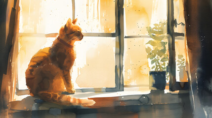 flat watercolor painting cat on window sill
