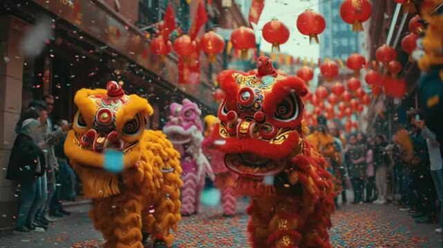 Vibrant Chinese New Year Celebration with Traditional Lion Dances and Festive Street Parade Amidst Confetti and Red Lanterns