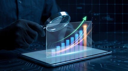 Hand examining digital growth trends business environment data visualization technology insights interactive perspective