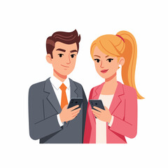 Obraz premium Businessman and businesswoman using smartphones together.