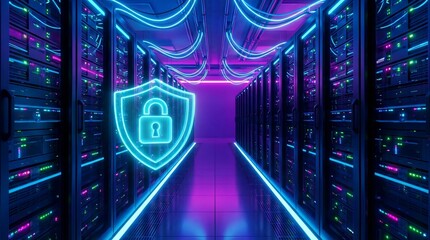 Cybersecurity Shield in Server Room with Neon Lights.