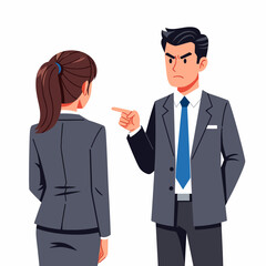 Fototapeta premium Man scolding woman boss reprimanding employee workplace conflict.