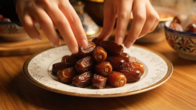 Action shot of preparing dates on a luxury plate with a blurred kitchen background. Shallow depth of field focuses on the shiny dark fruit and delicate hand gestures 4K