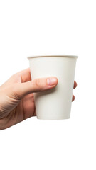 Hand holding disposable coffee cup isolated on transparent background