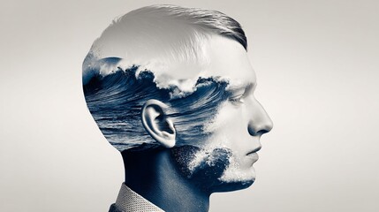 Double exposure face with ocean waves of emotion, surreal illustration, copy space
