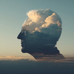 Human head double exposure with abstract family symbols, emotional wellbeing theme, copy space