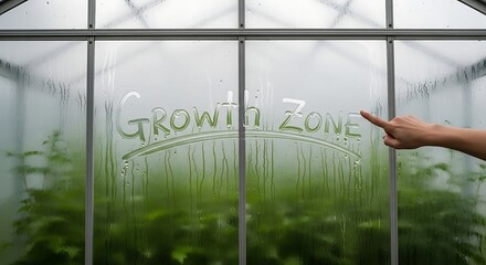 Hand pointing to growth zone written in condensation on humid glass wall of commercial greenhouse